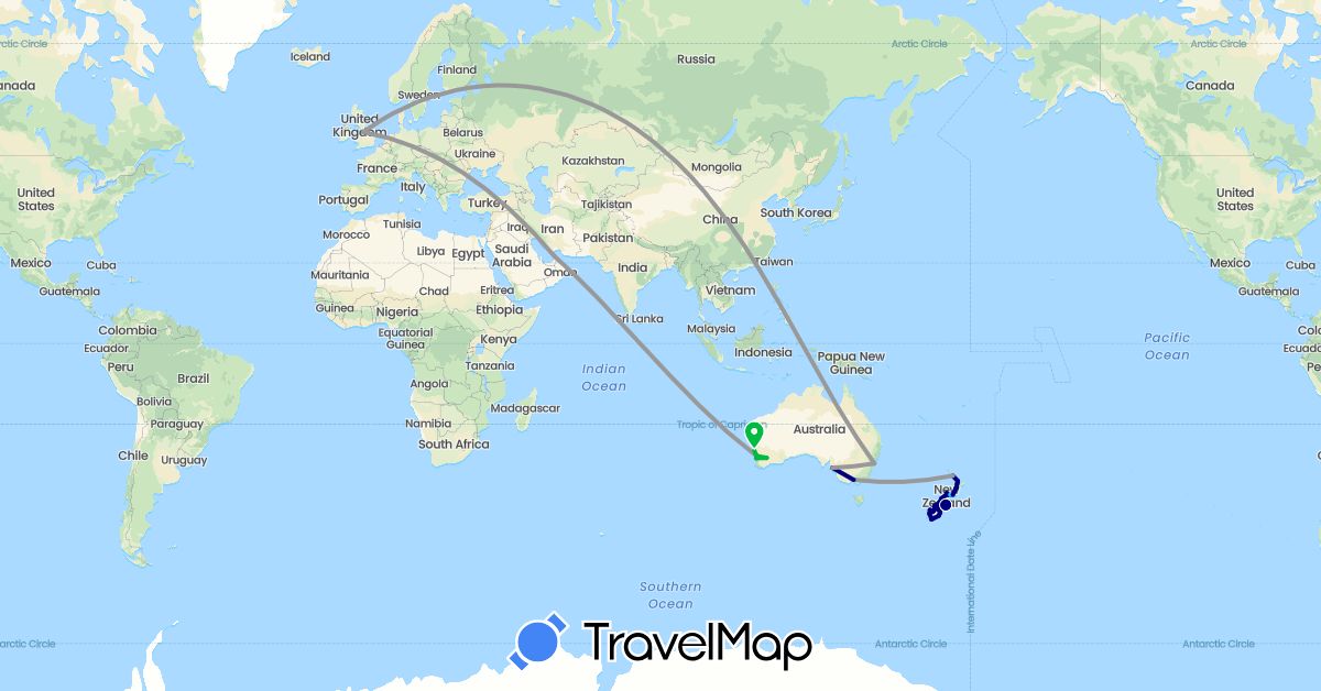 TravelMap itinerary: driving, bus, plane, train, boat in United Arab Emirates, Australia, United Kingdom, New Zealand (Asia, Europe, Oceania)